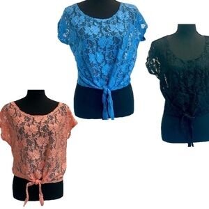 Seduction peach, black & blue lace short sleeve round neck tie knot blouse top M